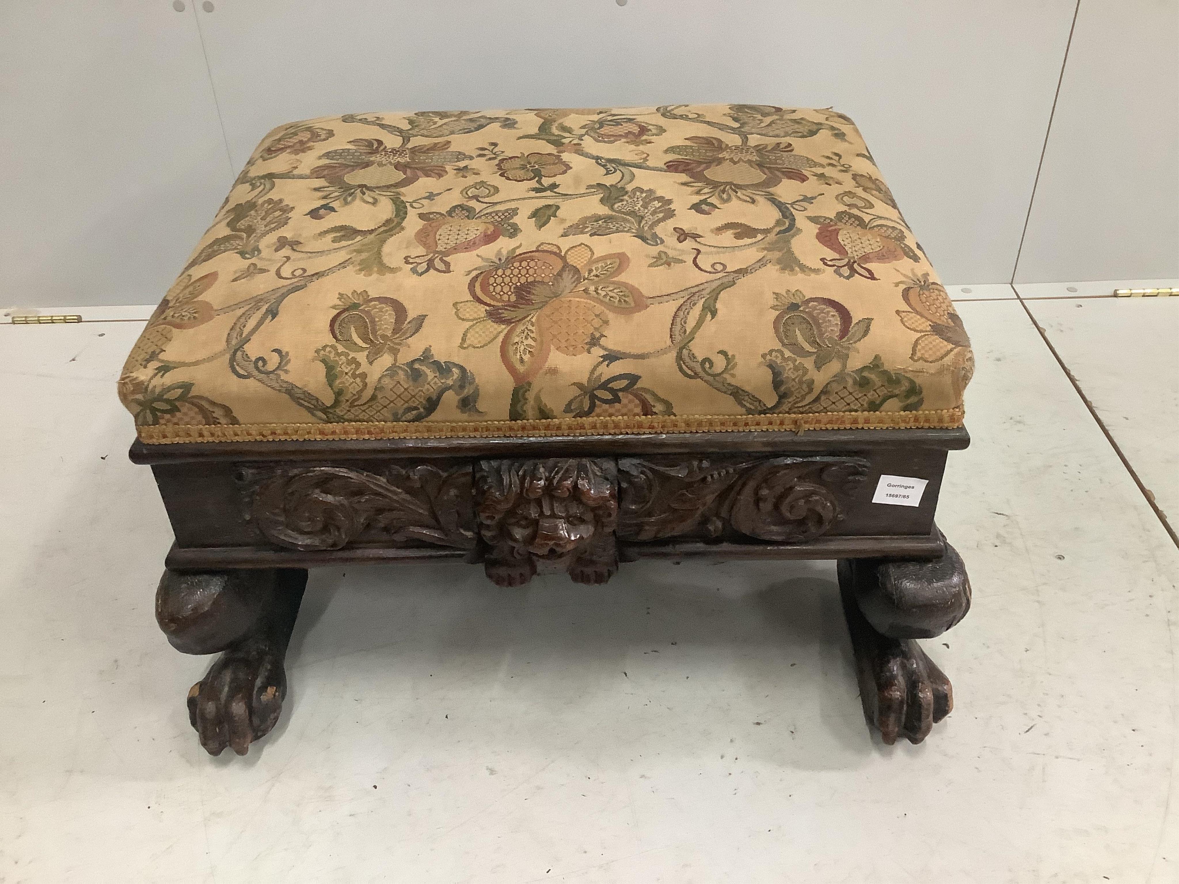 A Victorian oak rectangular topped stool, width 74cm, depth 66cm, height 44cm. Condition - fair